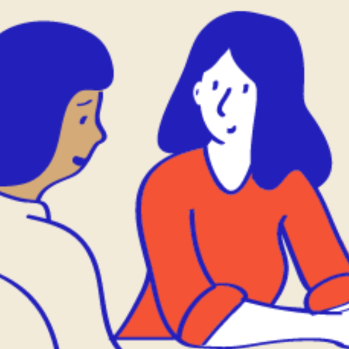 Illustration of two people talking seated at table