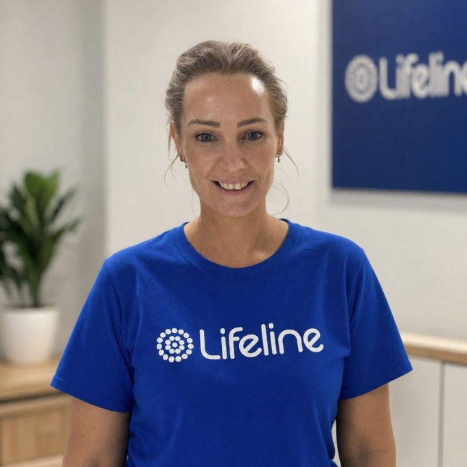 Woman in Lifeline t-shirt looking at camera